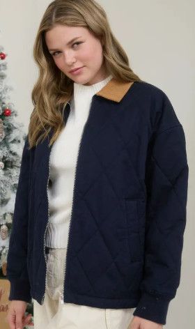 Navy Corduroy Collar Quilted Zip-Up Jacket
