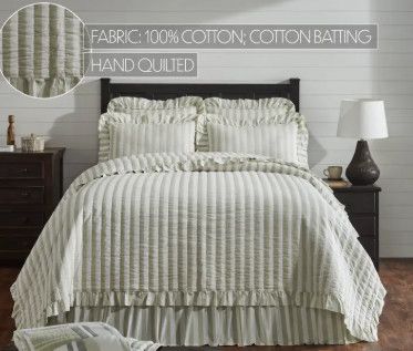 94"x94" Soft White Striped Ruffled Queen Quilt