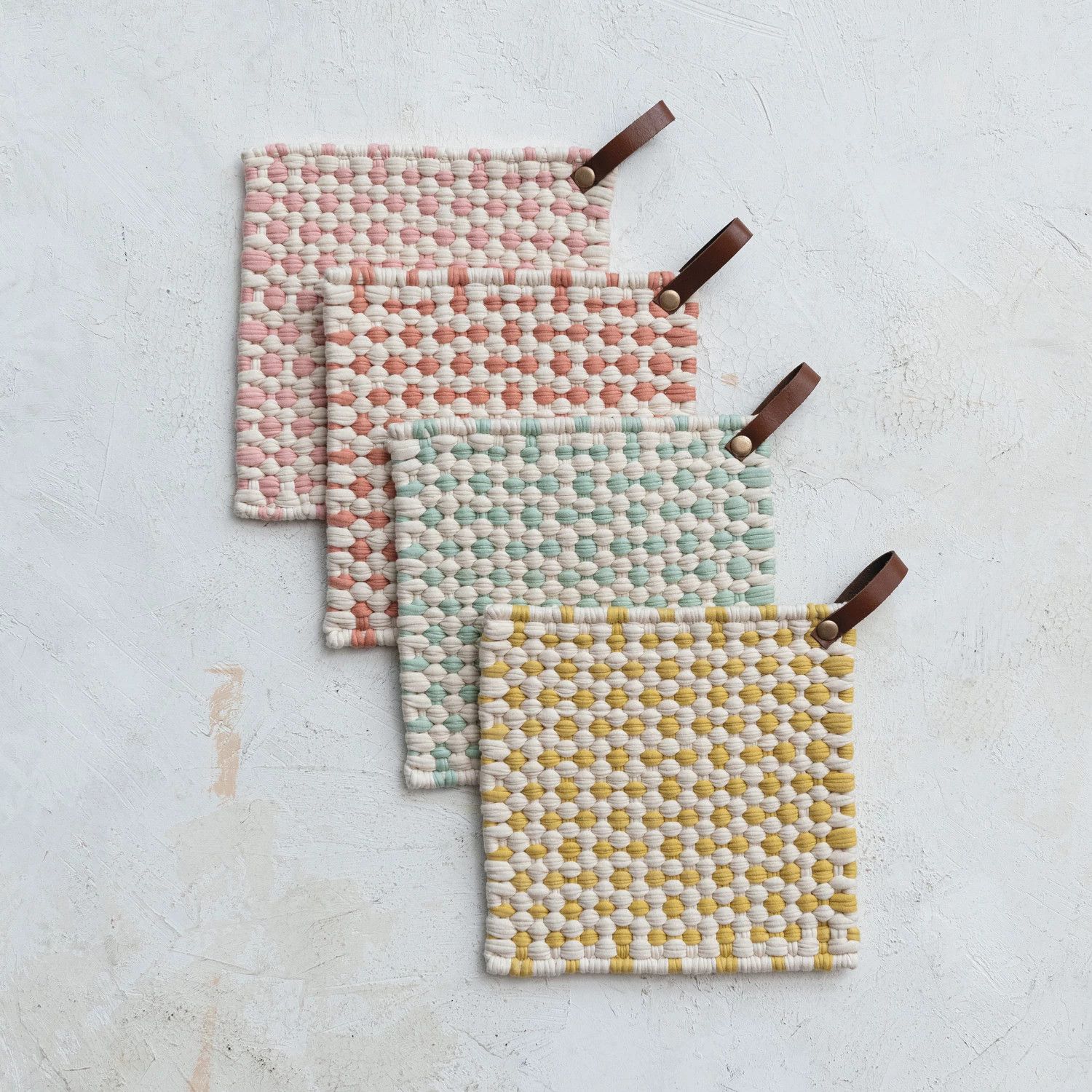 Two-Tone Cotton Crocheted Pot Holder w/ Leather Loop