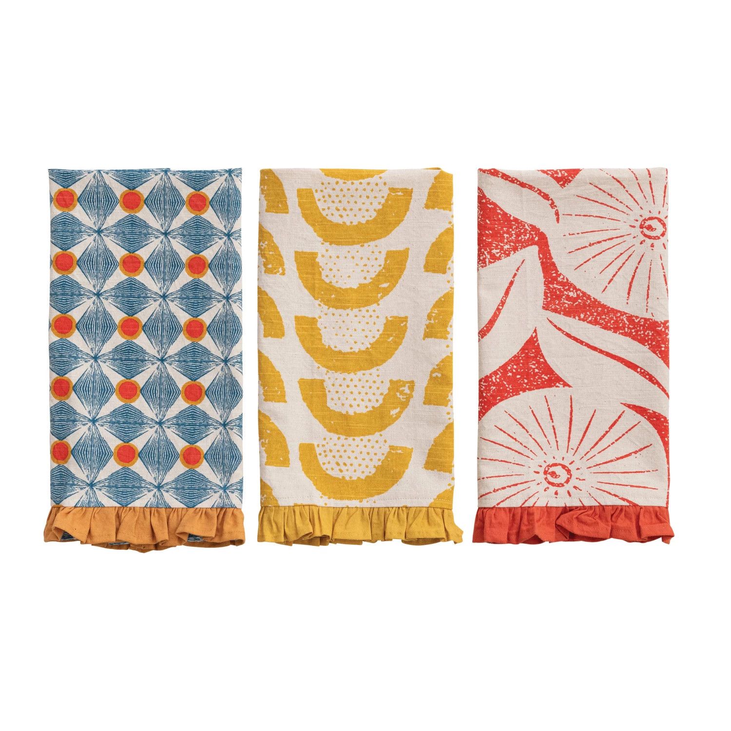 Cotton Printed Tea Towel w/ Pattern &amp; Ruffle