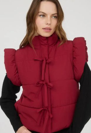 Burgundy Flutter Sleeve Zip-Up Puffer Vest