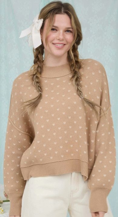 Khaki Heart Pattern Knit Pullover Sweater