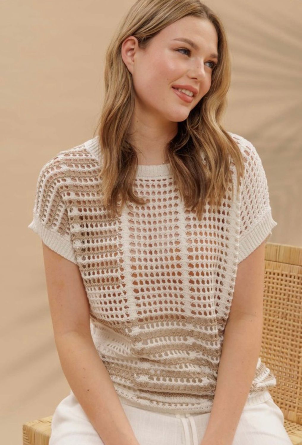 White &amp; Tan Crochet Knit Top