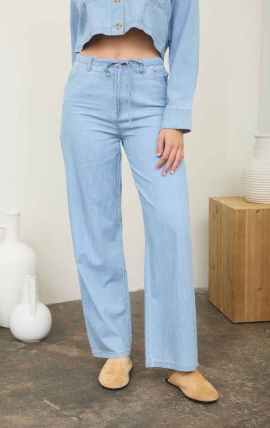 Light Denim Wide Leg Tie Waist Pant