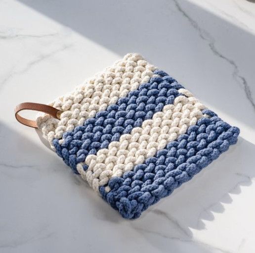 Cream and Blue Knit Pot Holder