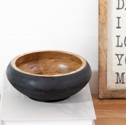 8" Black Textured Wood Bowl