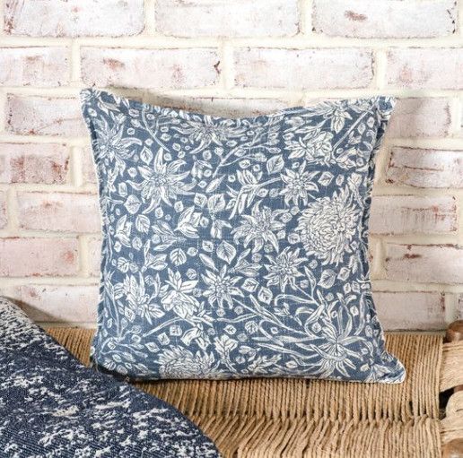 16" Indigo Floral Pillow
