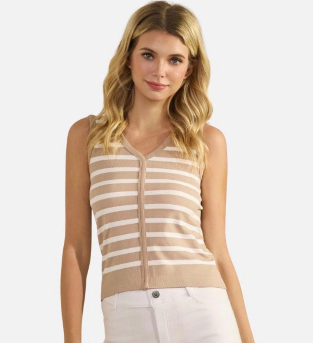 Tan and White Striped Sleeveless Top