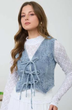 Floral Washed Denim Front Tie Vest