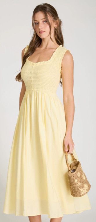 Smocked Butter Yellow Mock Button Midi Dress