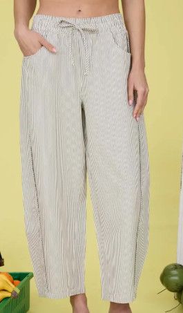 Dusty Sage Stripe Elastic Waist Baggy Pants