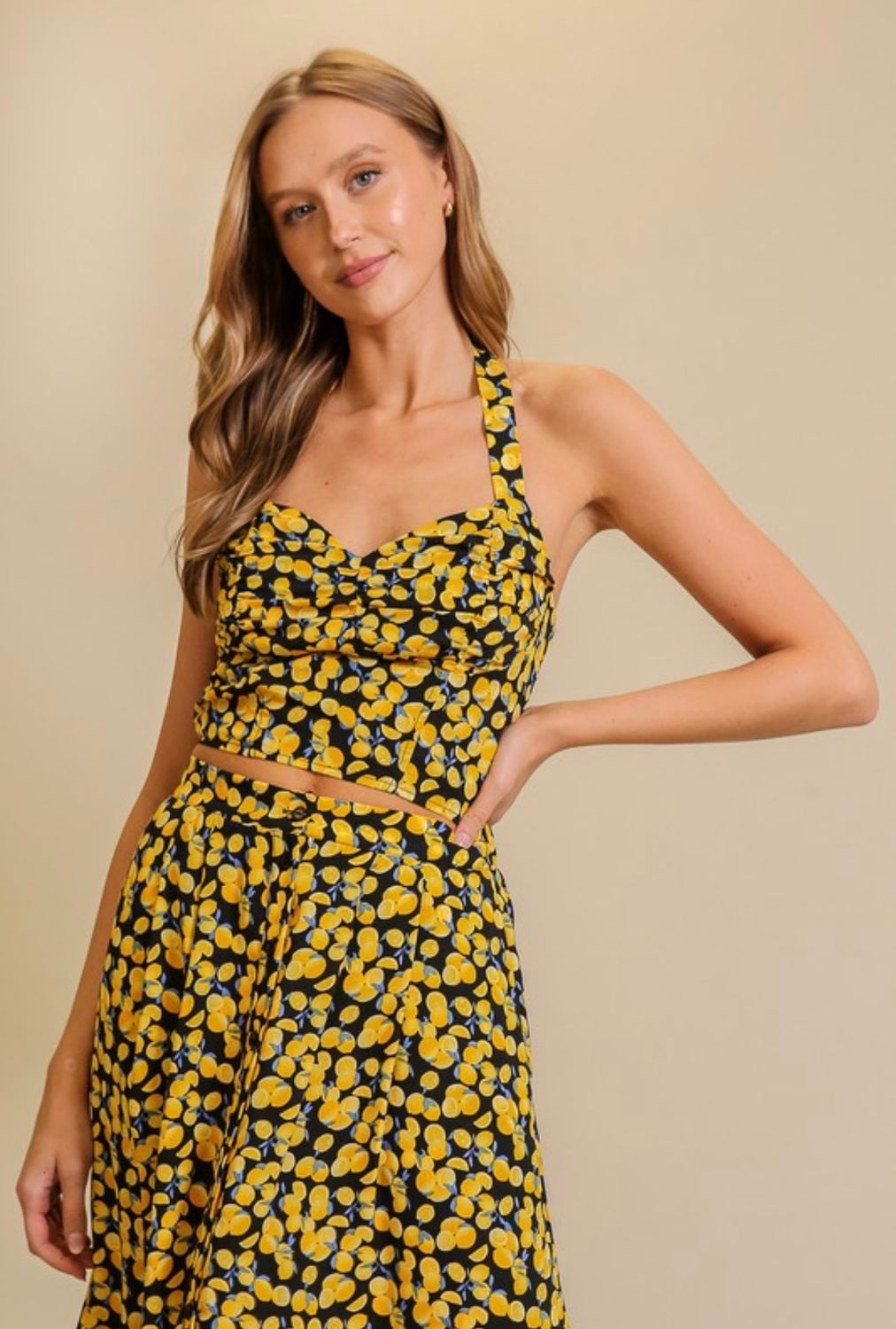 Black Lemon Print Halter Top