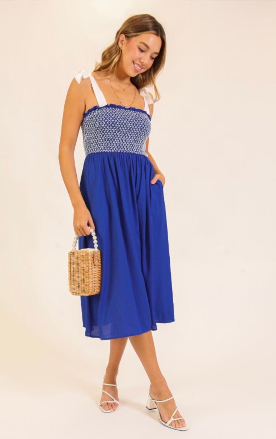 Blue Smocked Tie Shoulder Dress