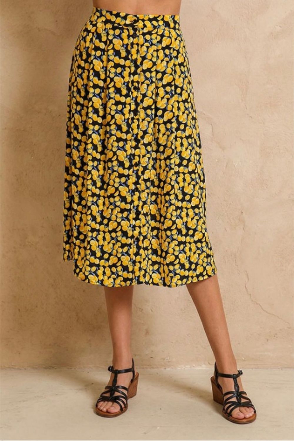 Black Lemon Print Midi Skirt