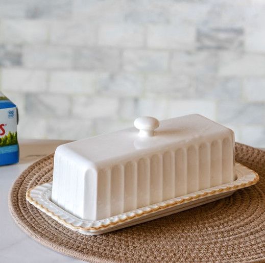 9" White Stripe Butter Dish