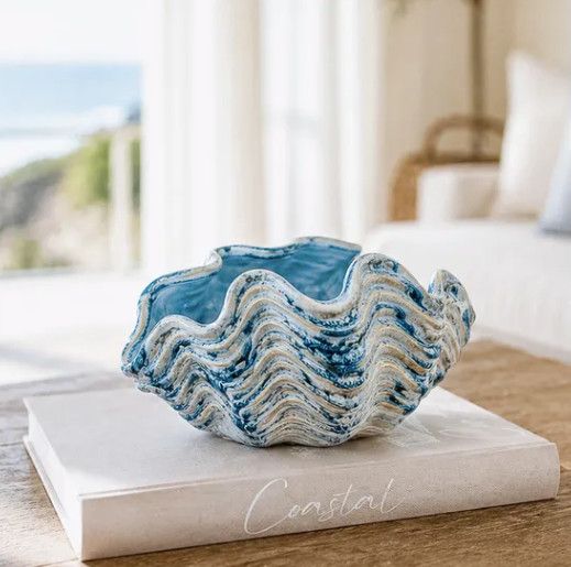 8" Blue Wash Ceramic Oyster Shell