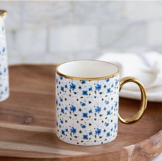 Gold Accent Blue Flower Mug
