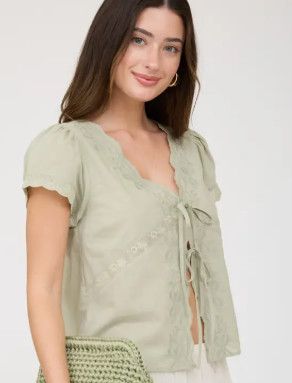 Sage Front Tie Lace Trim Top