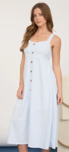 Light Blue Strip Button Down Sleeveless Midi Dress