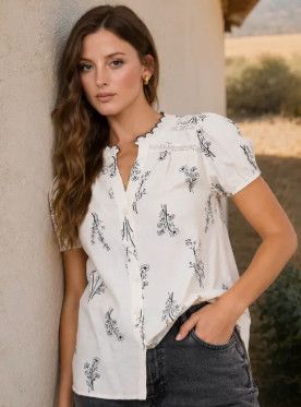 Floral Print Split Neck Button Down Top