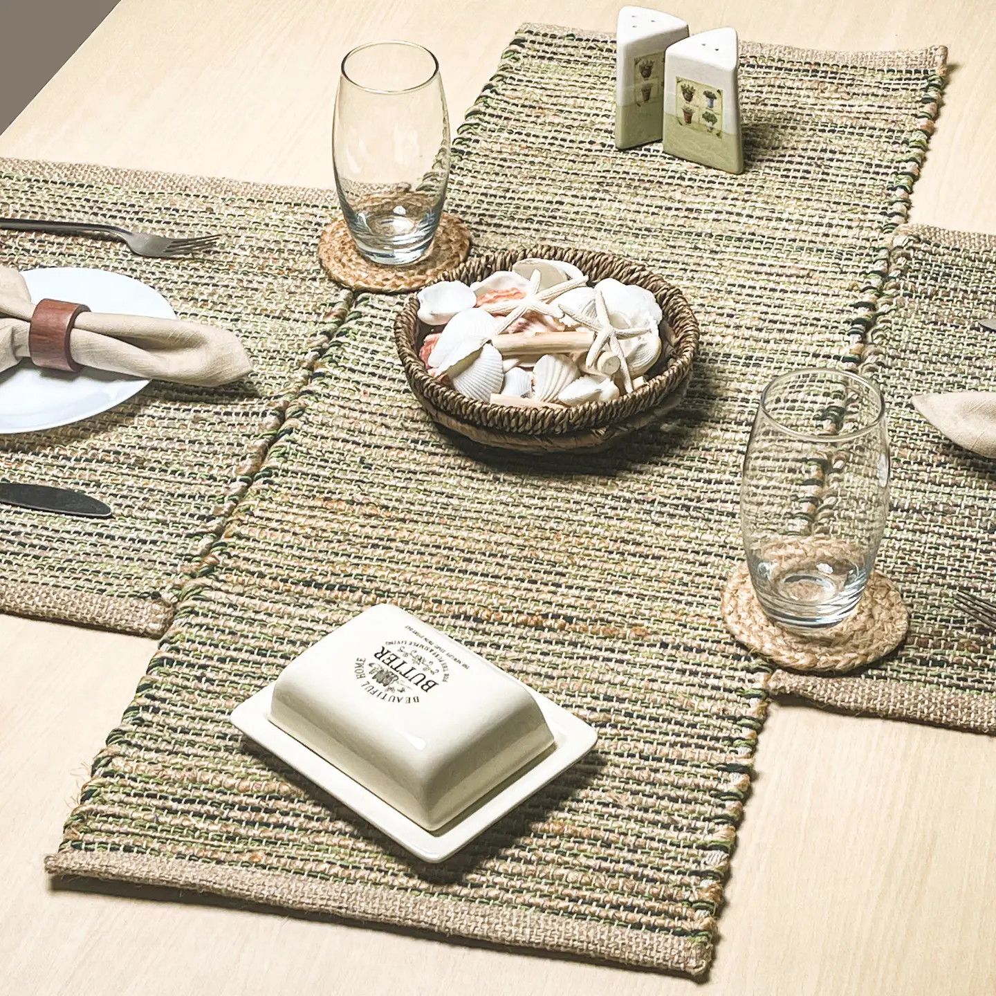 48" Green &amp; Jute Table Runner
