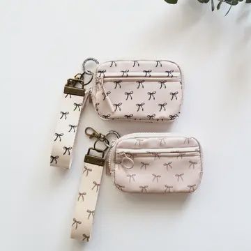 Bow Keychain Wallet with Wrist Lanyard, Compact Card Holder, Colour: Brown Bow/Brown Bow