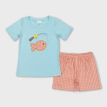Orange Plaid  Fishing Boys Short Set
