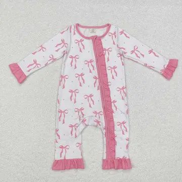 Baby Girl Pink Bow Ruffled Long Sleeve Romper