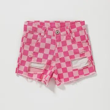 Girls Pink Checkered Denim Shorts