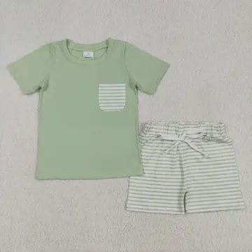 Boys Spring Green Striped Short Sets