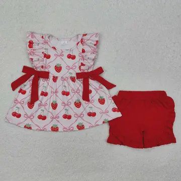 Girls Strawberry Bow Short Set