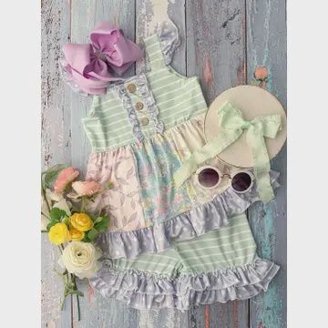 Mint Stripes &amp; Floral Dreams Ruffled Shorts Set