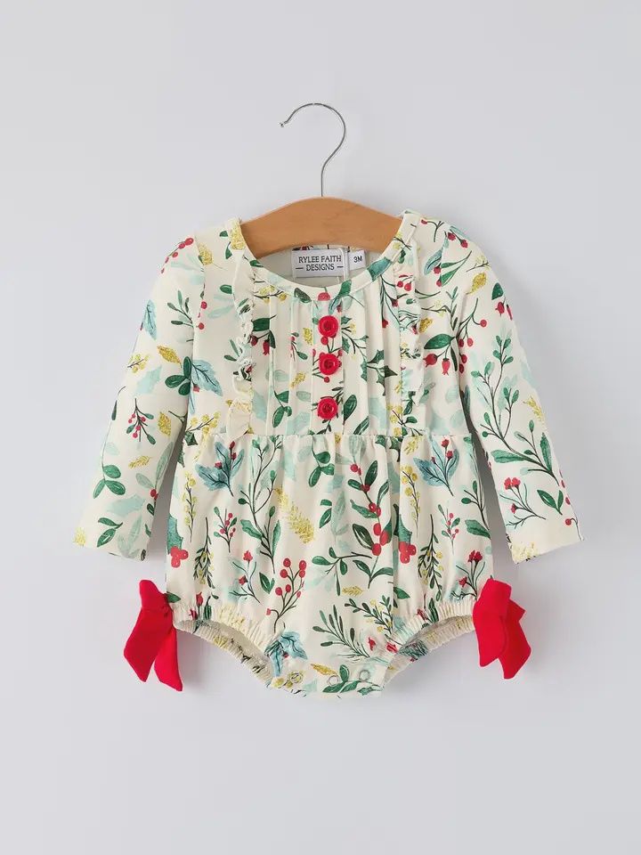 Baby Girls Christmas Romper – Holiday Bow Long Sleeve Outfit
