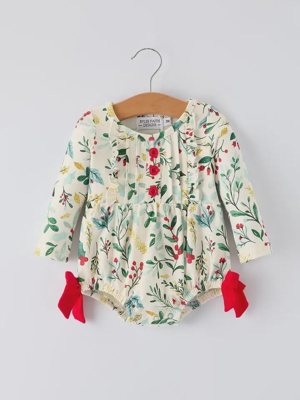 Baby Girls Christmas Romper – Holiday Bow Long Sleeve Outfit