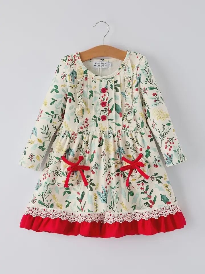 Toddler Girls Christmas Dress – Holiday Floral Print Outfit with Pockets