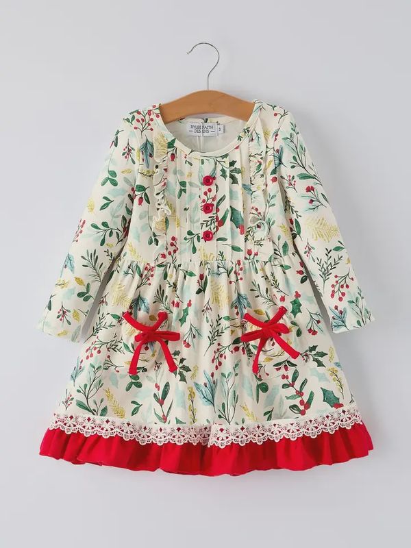 Toddler Girls Christmas Dress – Holiday Floral Print Outfit with Pockets