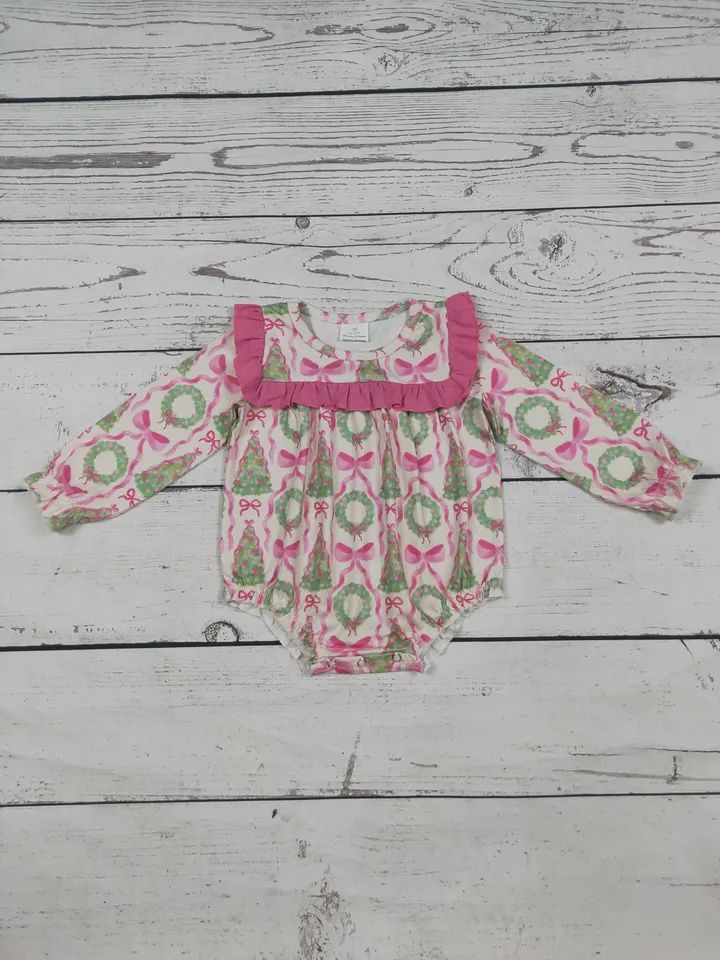 Pink Ruffle Bow Printed Christmas Baby Bubble