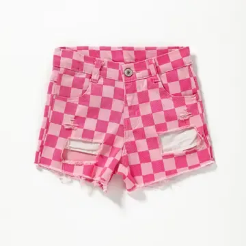 Girls Pink Checkered Denim Shorts