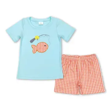 Orange Plaid  Fishing Boys Short Set