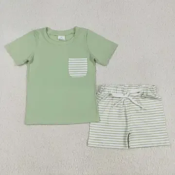Boys Spring Green Striped Short Sets