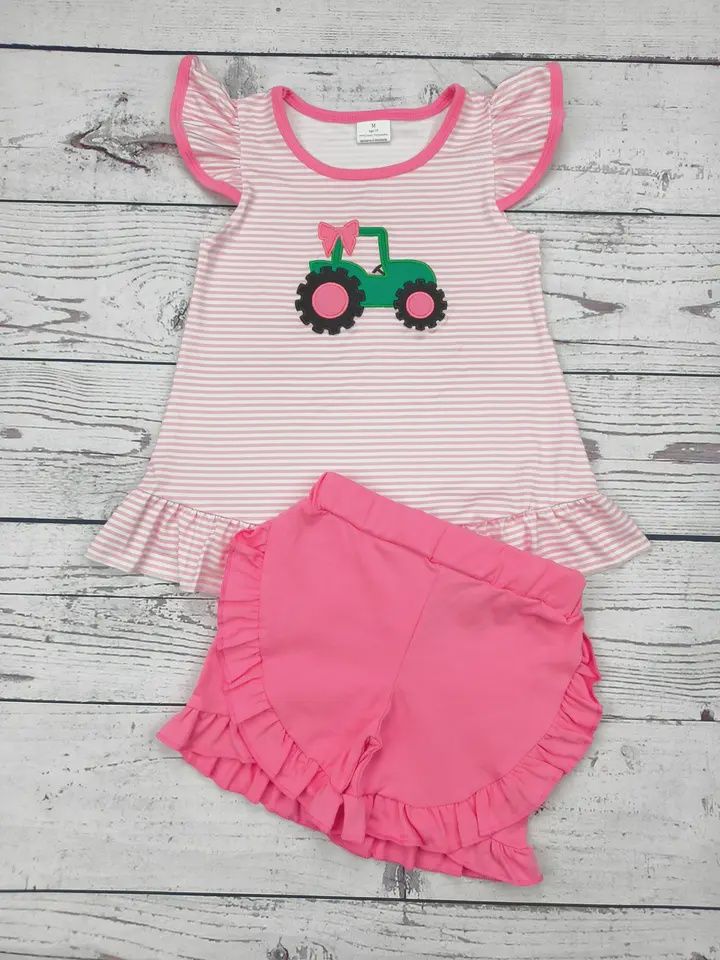 Pink Striped Flutter Sleeve Tractor Shorts Set