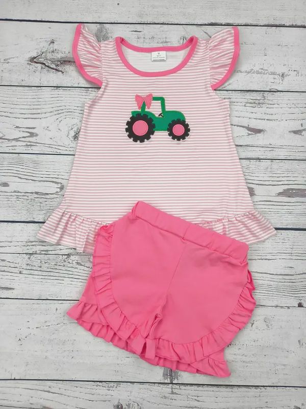 Pink Striped Flutter Sleeve Tractor Shorts Set
