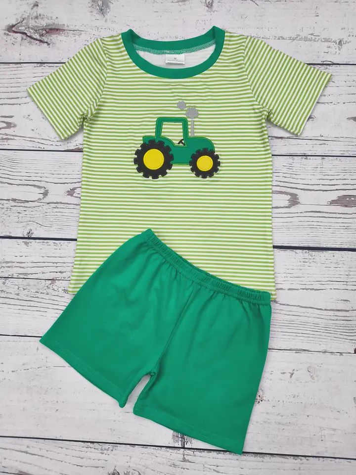 Short Sleeve Striped Boys Tractor Shorts Set