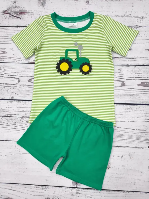Short Sleeve Striped Boys Tractor Shorts Set