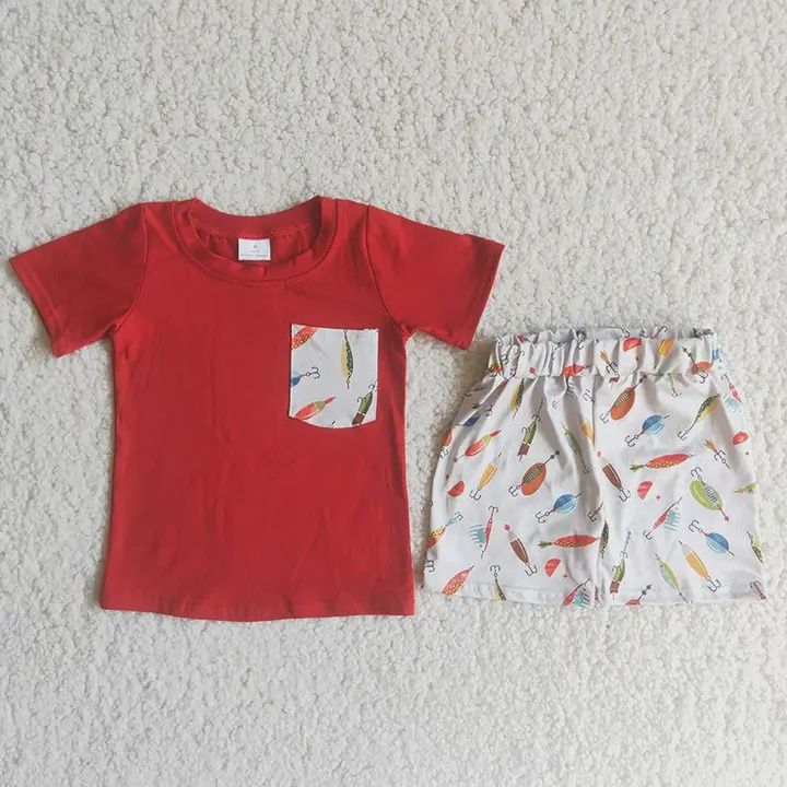 Boys Red Fishing Pocket Shorts Set