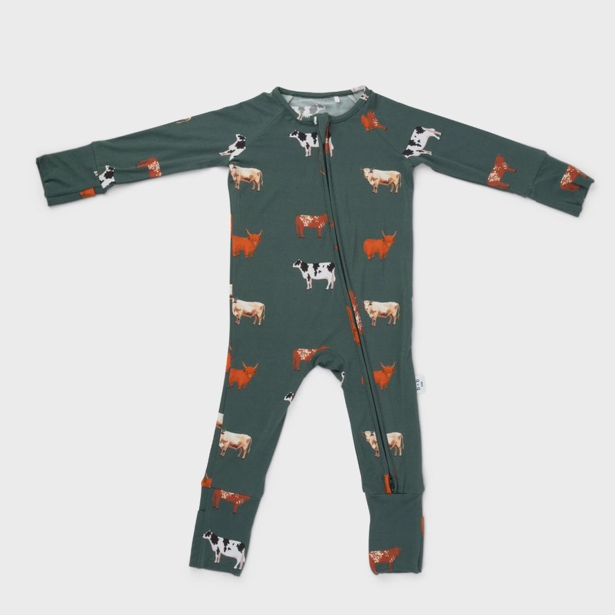 Bamboo 2-Way Convertible Zip Romper, Design: Green Cow, Size: NEWBORN