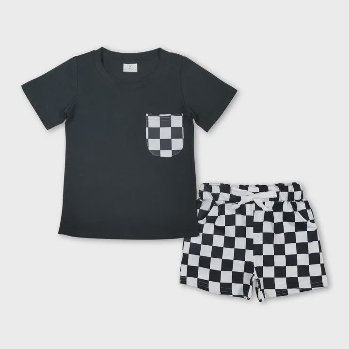 Black Checkered Boys Shorts Set