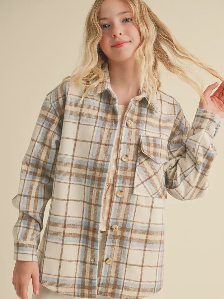 Tween Girls One Pocket Shacket Brown/Blue