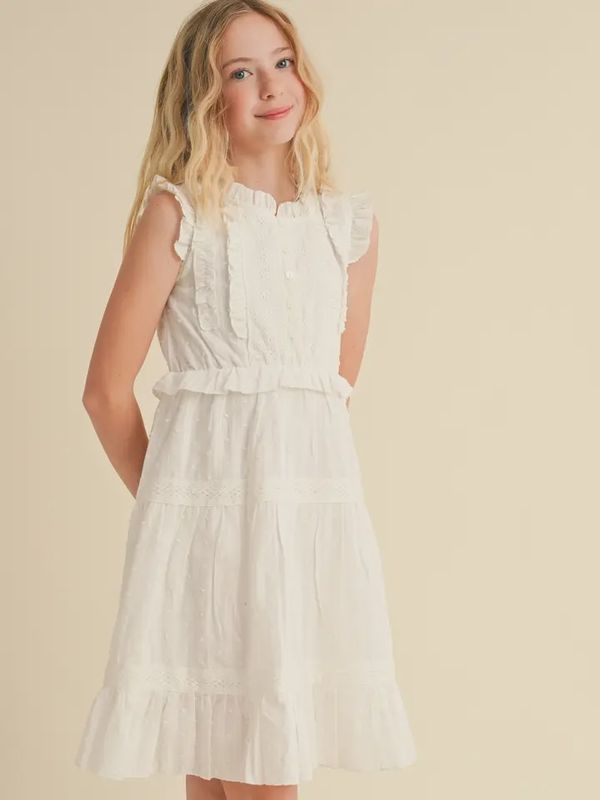 Tween Girls Ruffle Crew Tiered White Dress