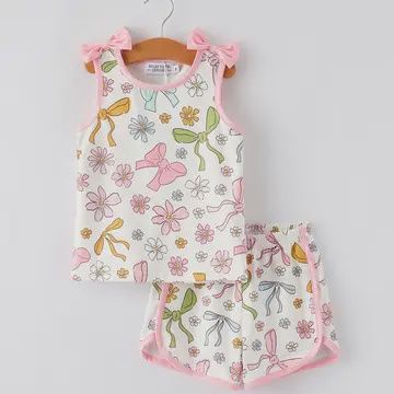 Girls Pink Bow Sleeveless Vest Top and Shorts Set